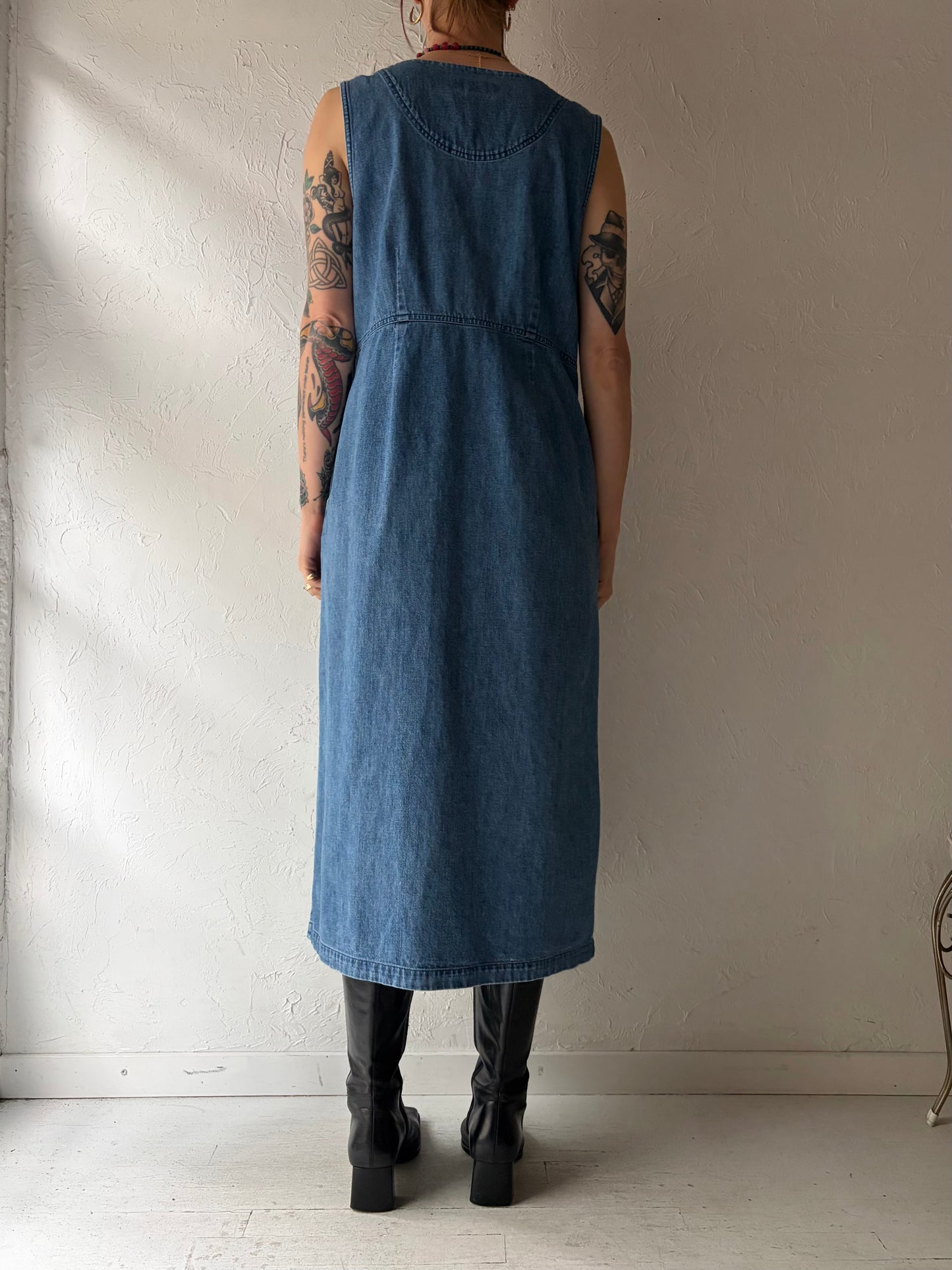 90s 'LL Bean' Vintage Denim Sleeveless Midi Dress / Medium