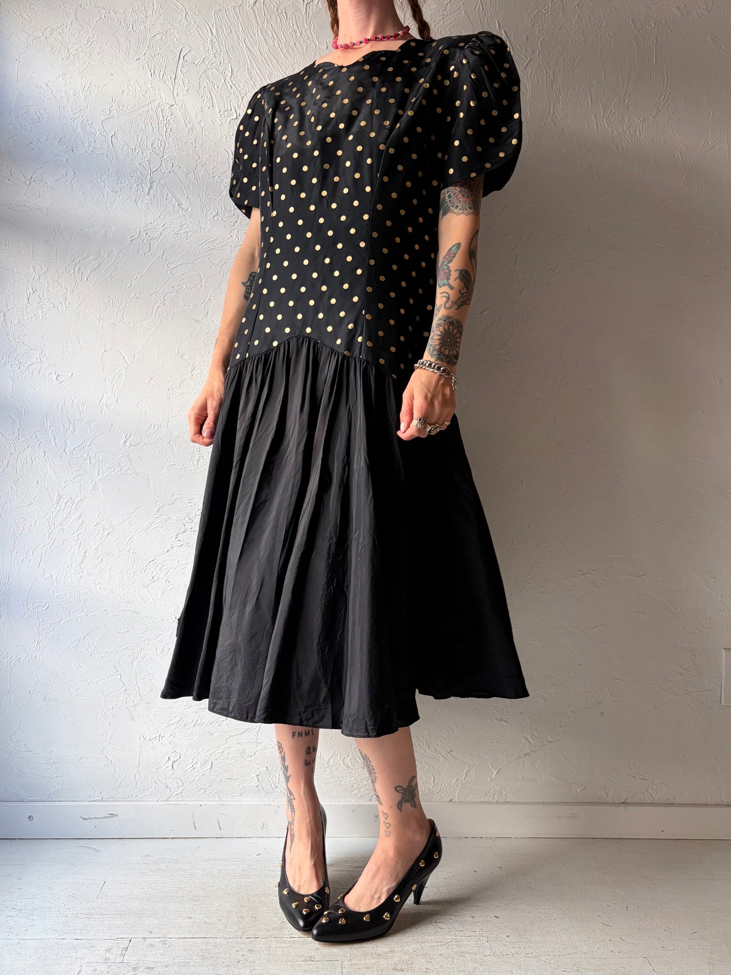 80s 'Miss Dorby' Black Polka Dot Party Dress / Large