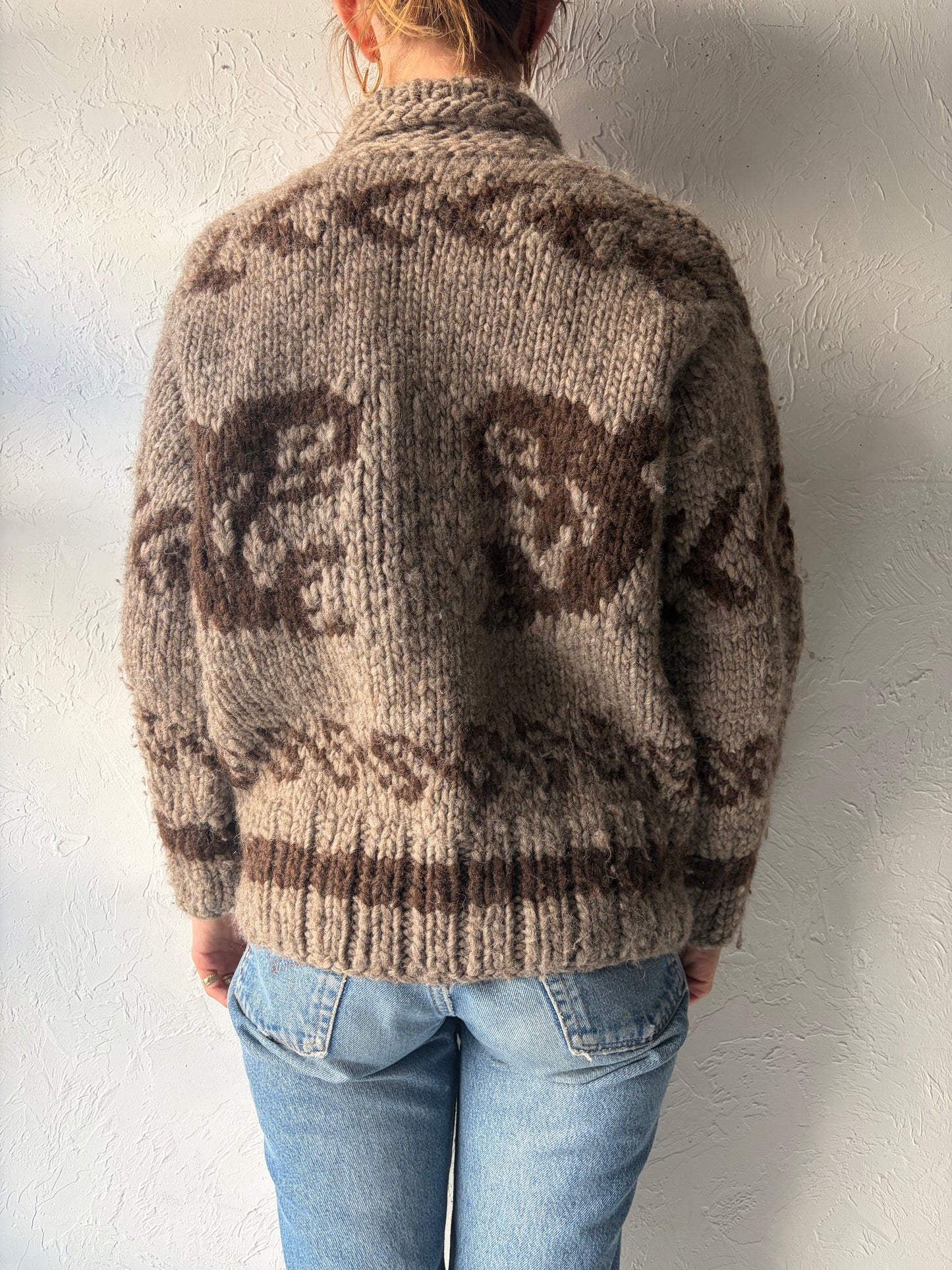Vintage Hand Knit Wool Whale Zip Up Sweater / Small