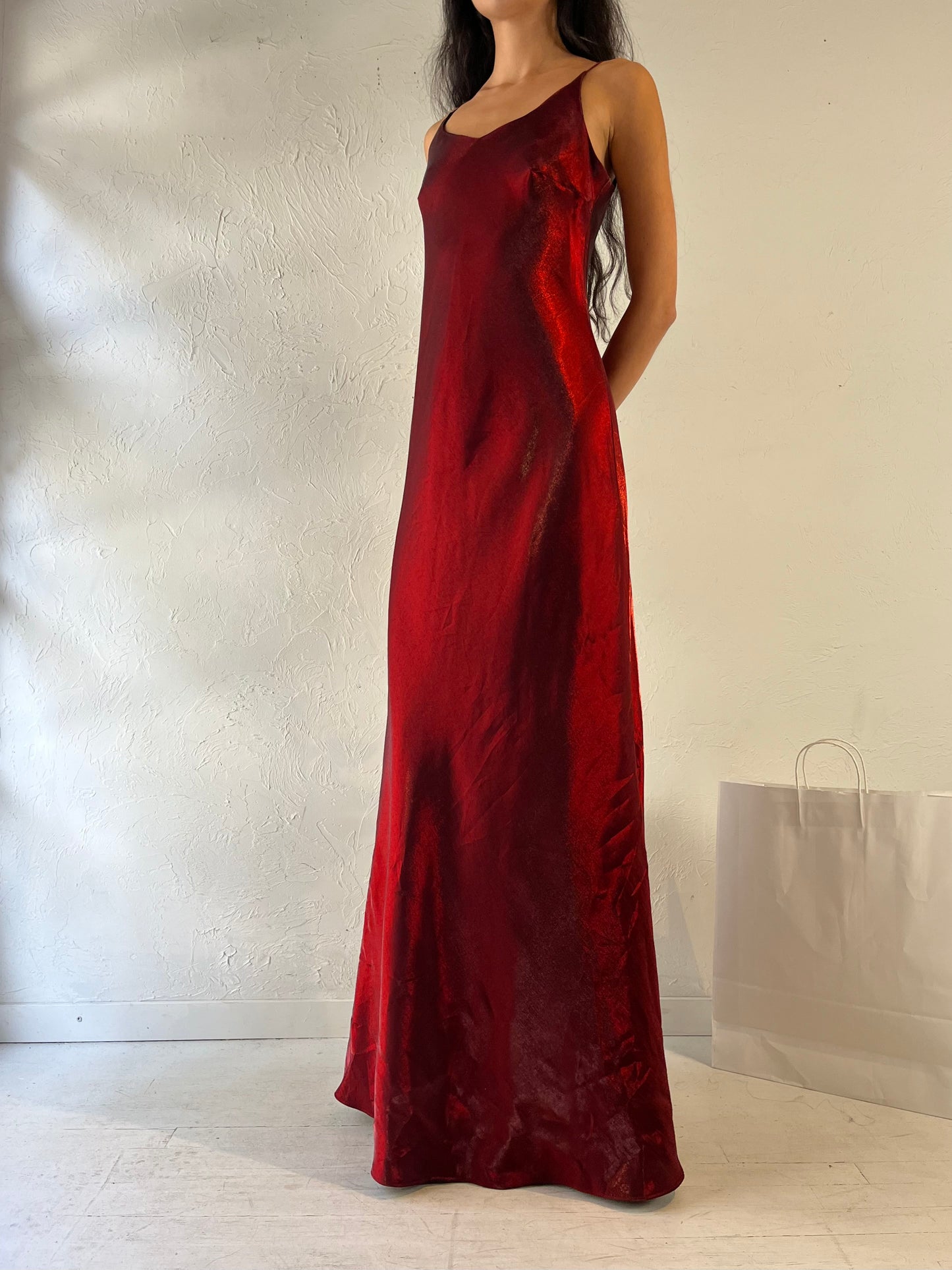 90s 'Jessica' Long Red Shiny Dress Gown / Medium