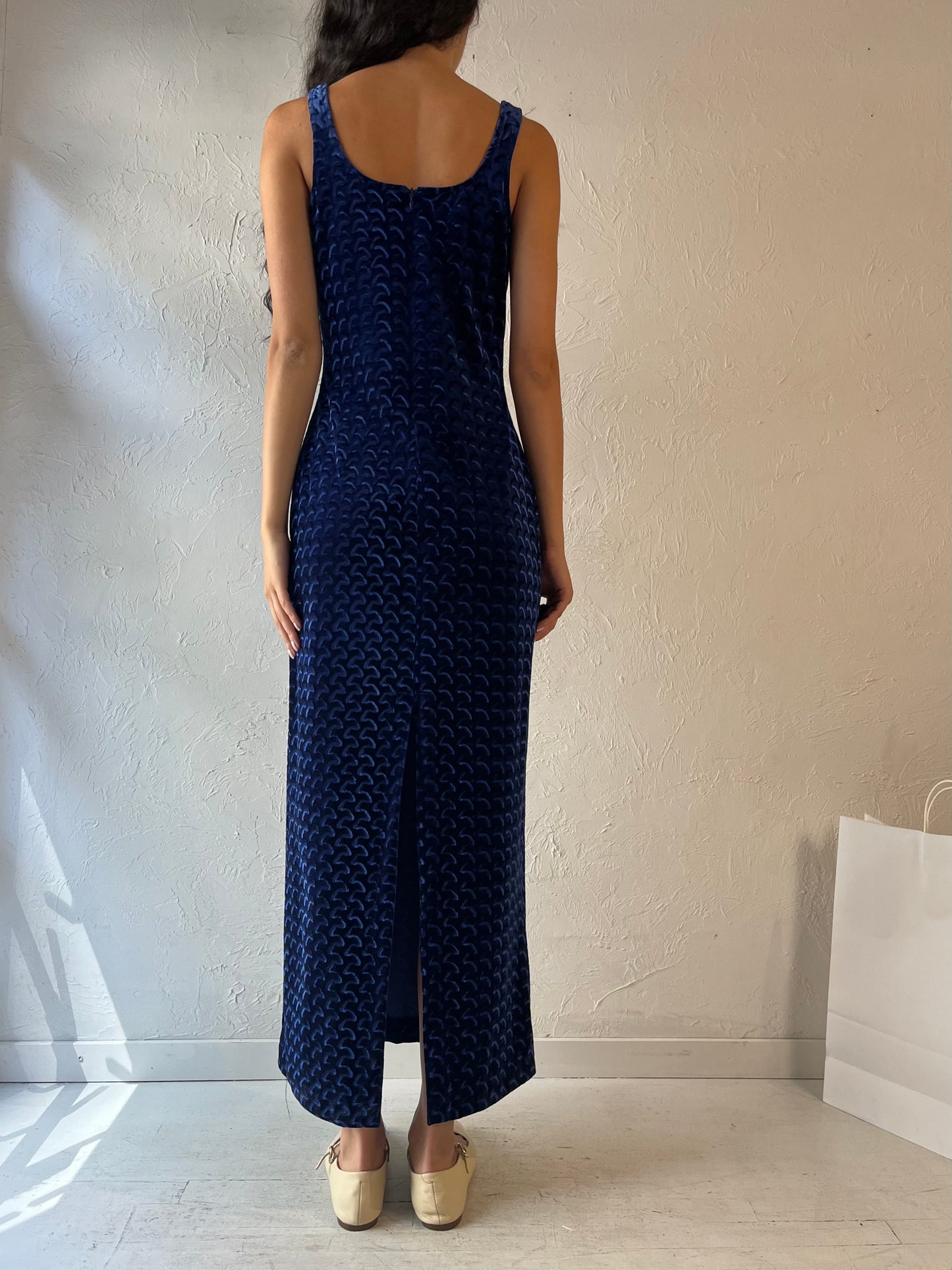 90s 'Algo' Blue Velvet Maxi Dress / Medium