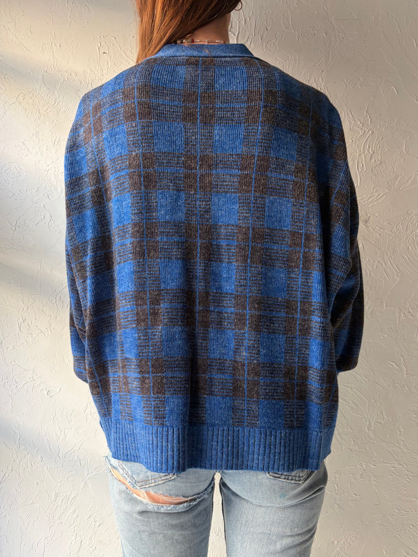 90s 'Jantzen' Blue Plaid Preppy Normcore Cardigan Sweater / Large