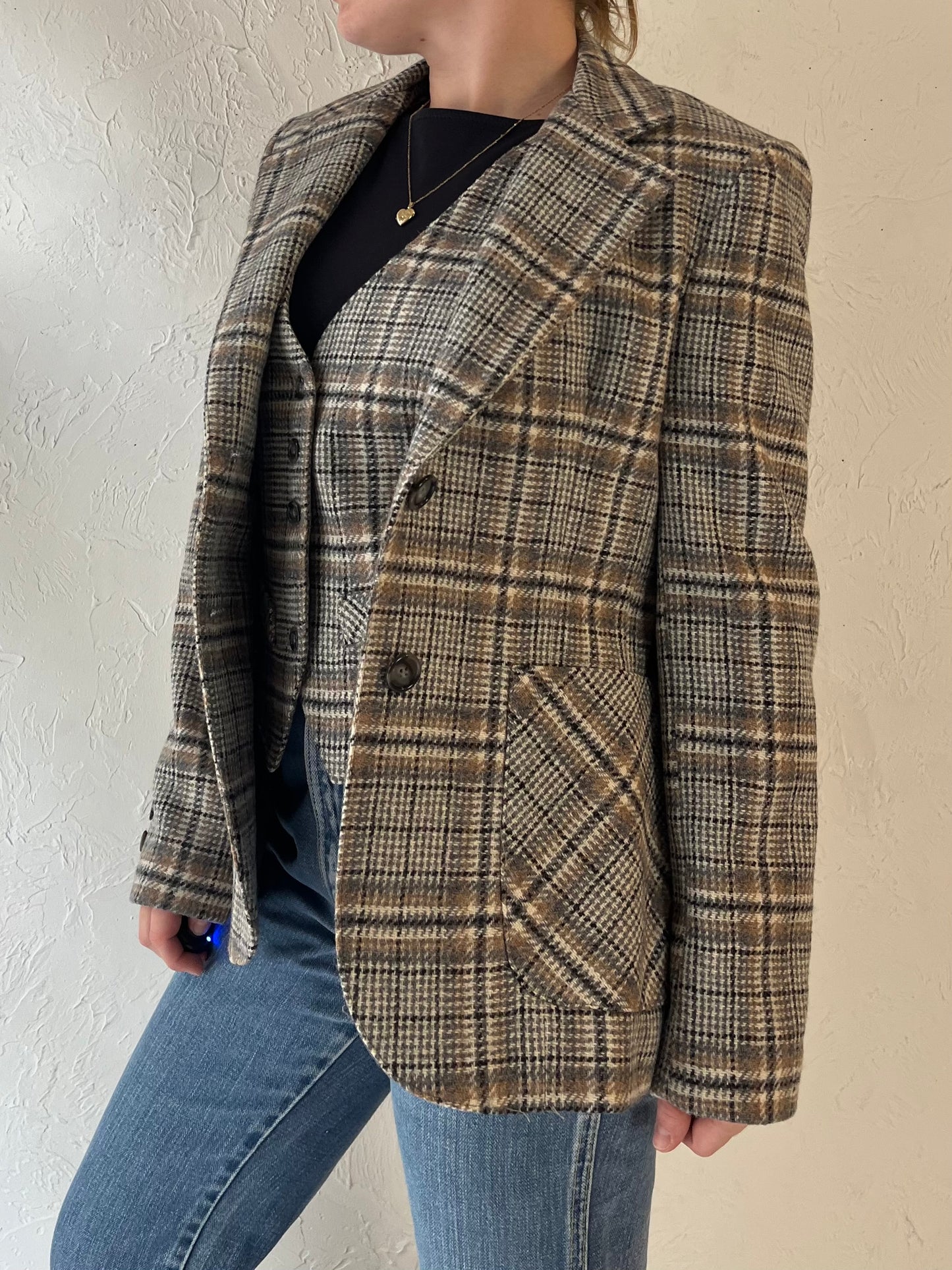 70s 'Prestige' Plaid Blazer Vest Set / Union Made / Small