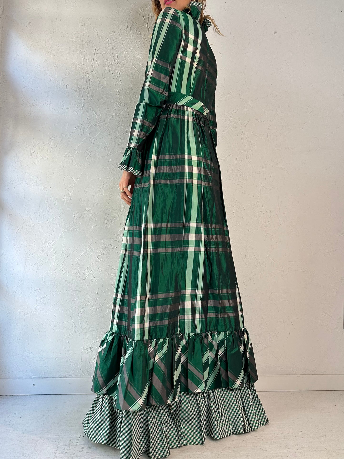 70s 'Love by Deb' Green Tartan Long Sleeve Dress / Small