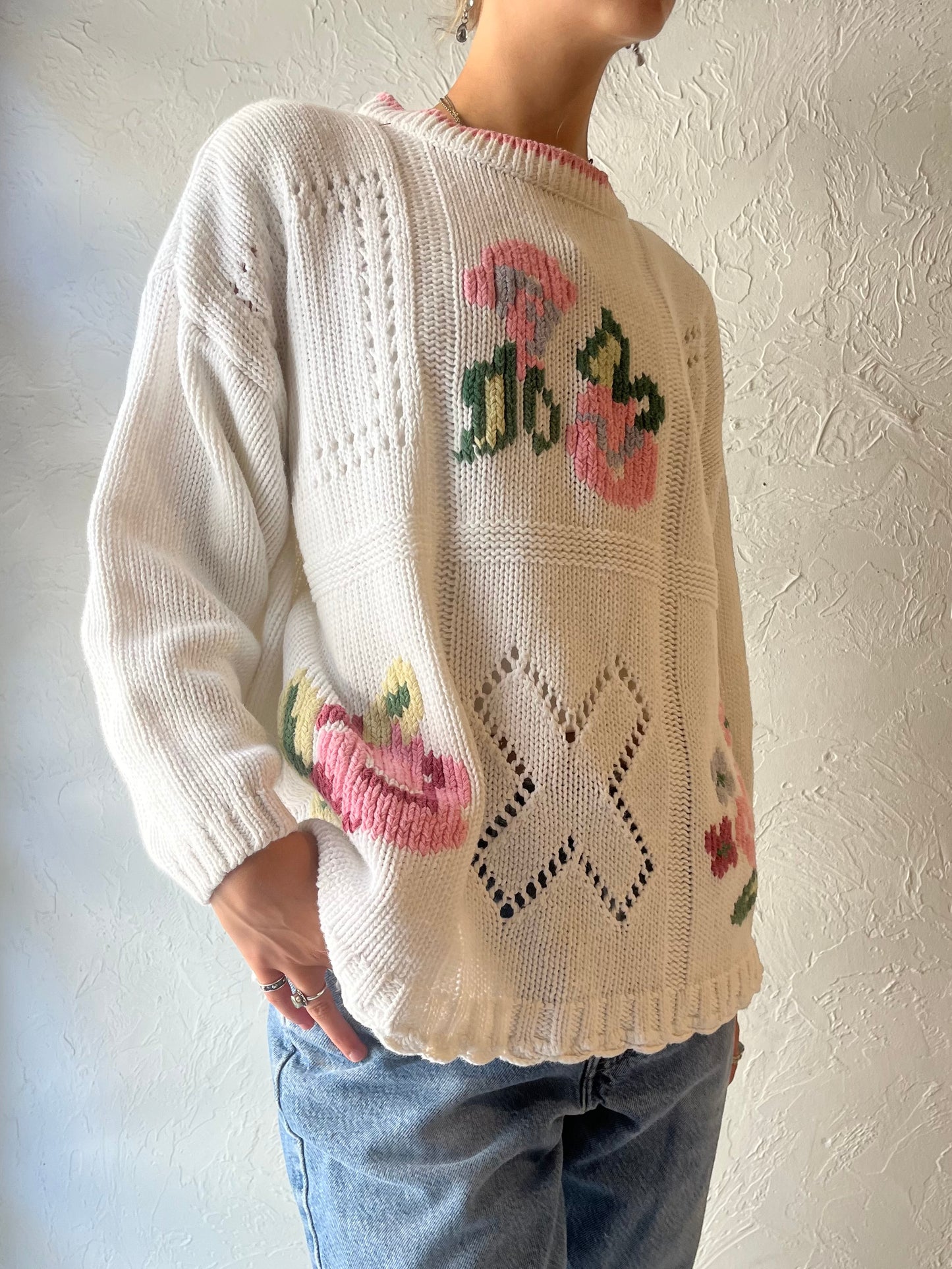 90s 'Street Level' Cotton Ramie Floral Knit Sweater / Large