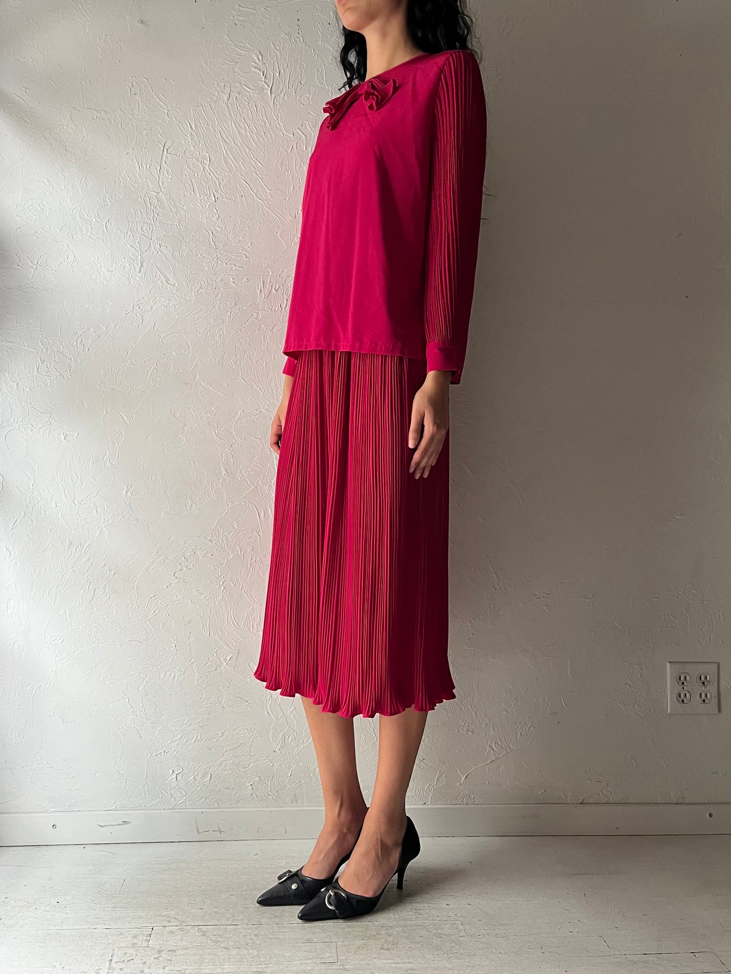80s 'Koret' Hot Pink Long Sleep Blouse Skirt Set / Union Made / Small