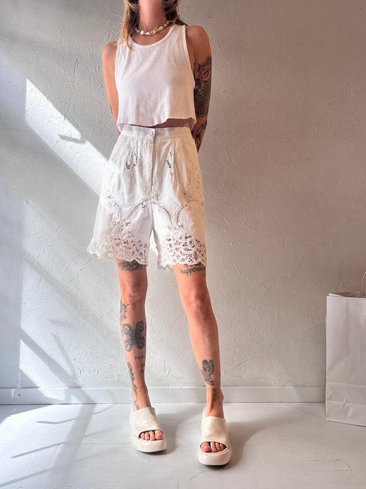 90s 'Lims' White Cotton Crochet Shorts / Medium