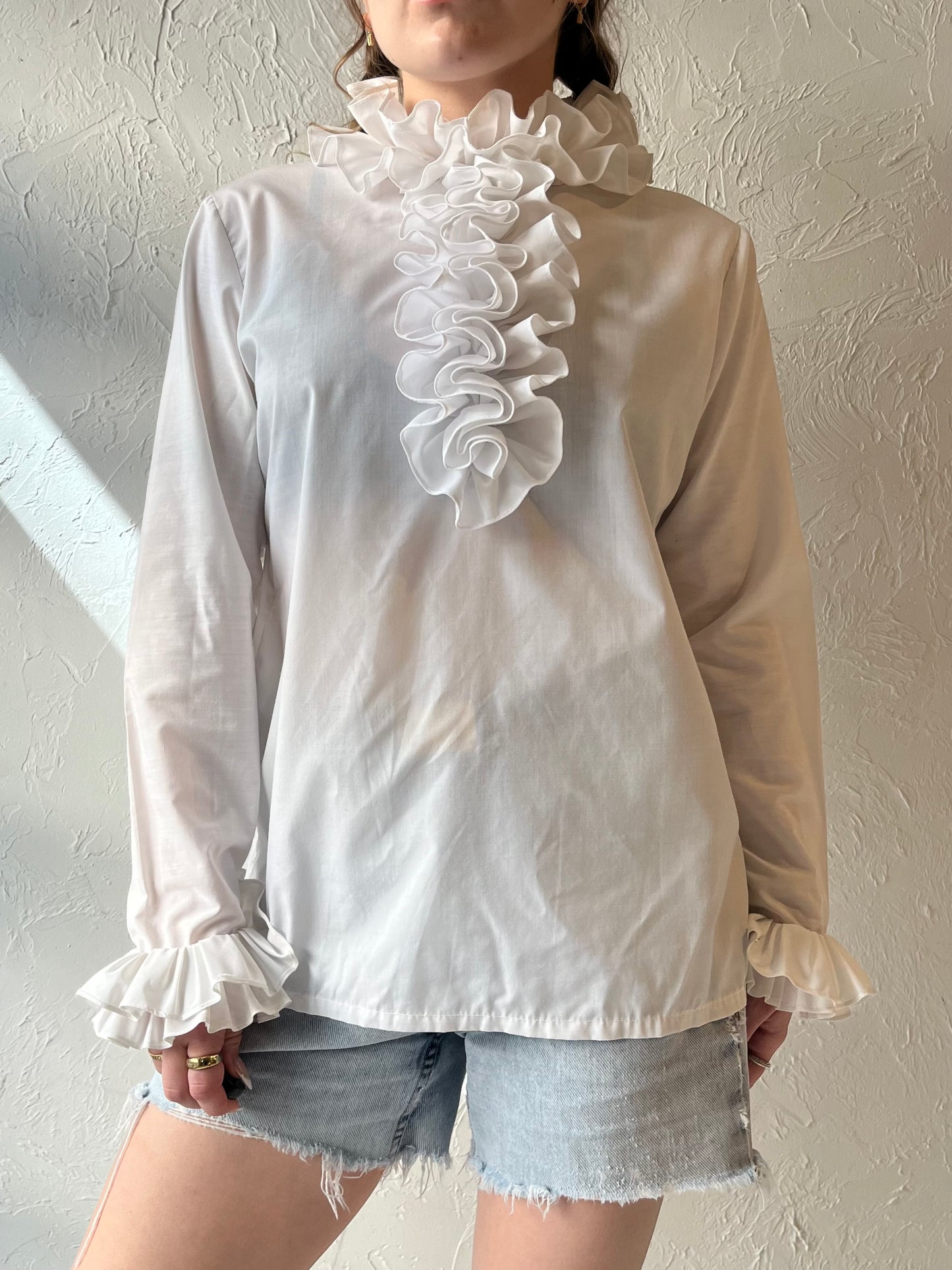 70s 'Ben Rose' White Ruffle Blouse / Union Made / Small