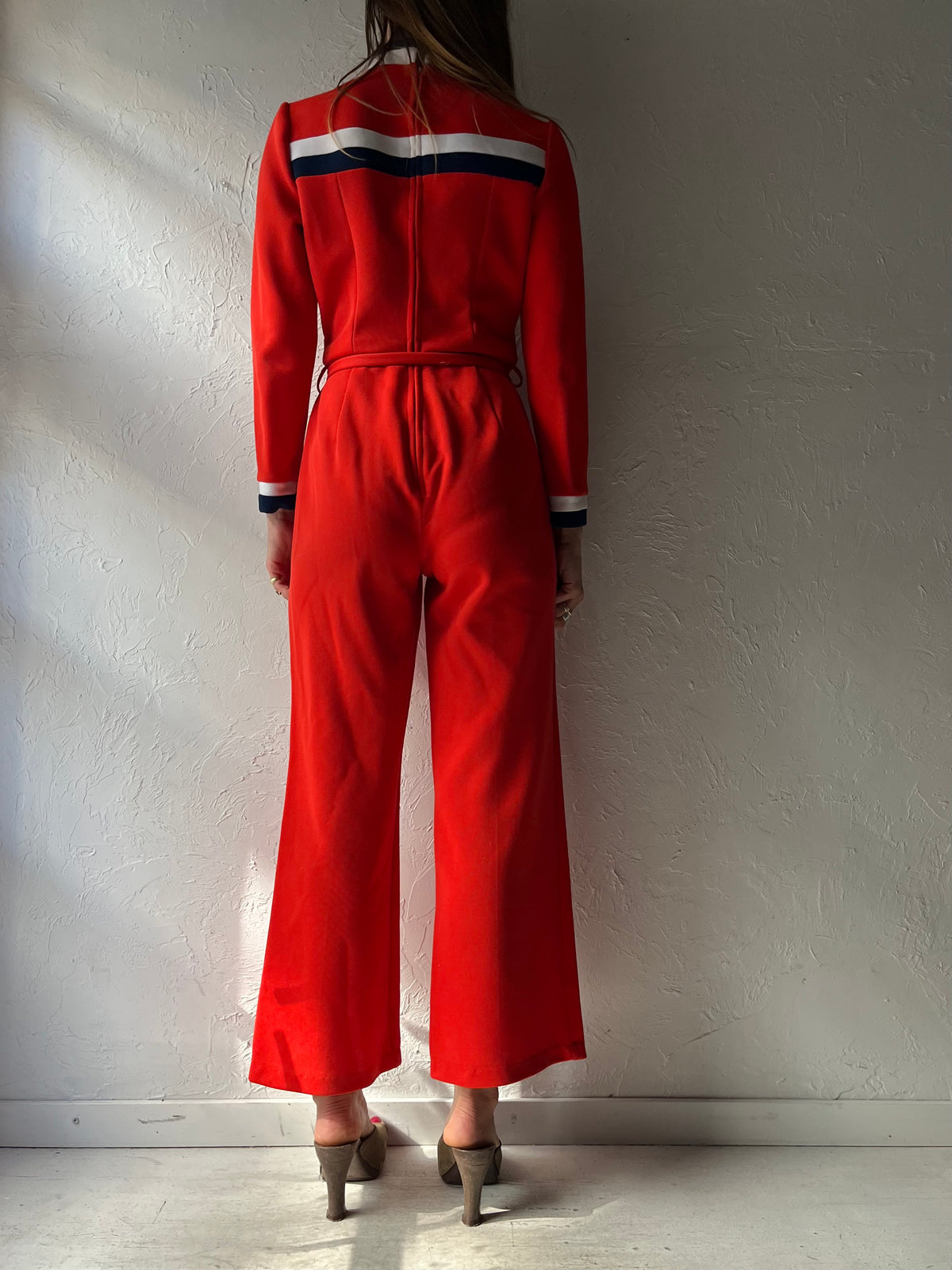 70s Red Long Sleeve Retro Flare Jumpsuit / Small