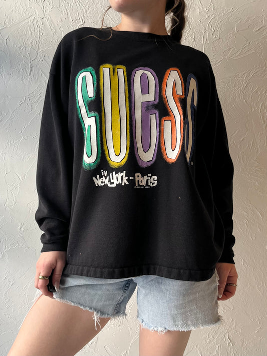90s 'Guess' Black Crew Neck Sweatshirt / Medium