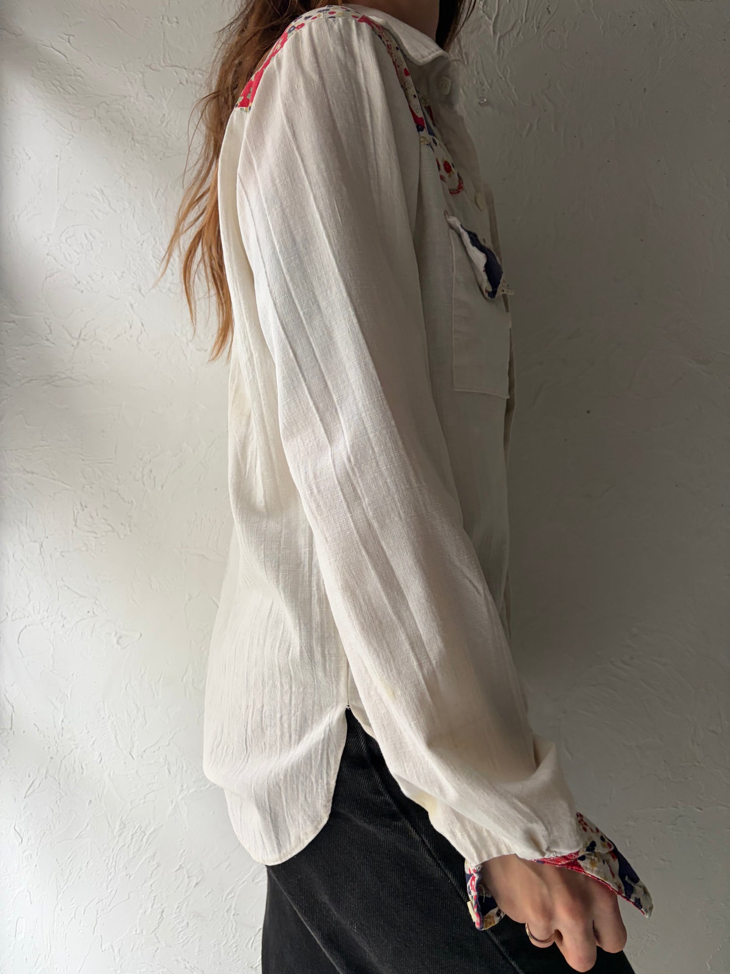 70s Handmade White Patchwork Western Shirt / Vintage Cowboy Button Up Shirt / Medium
