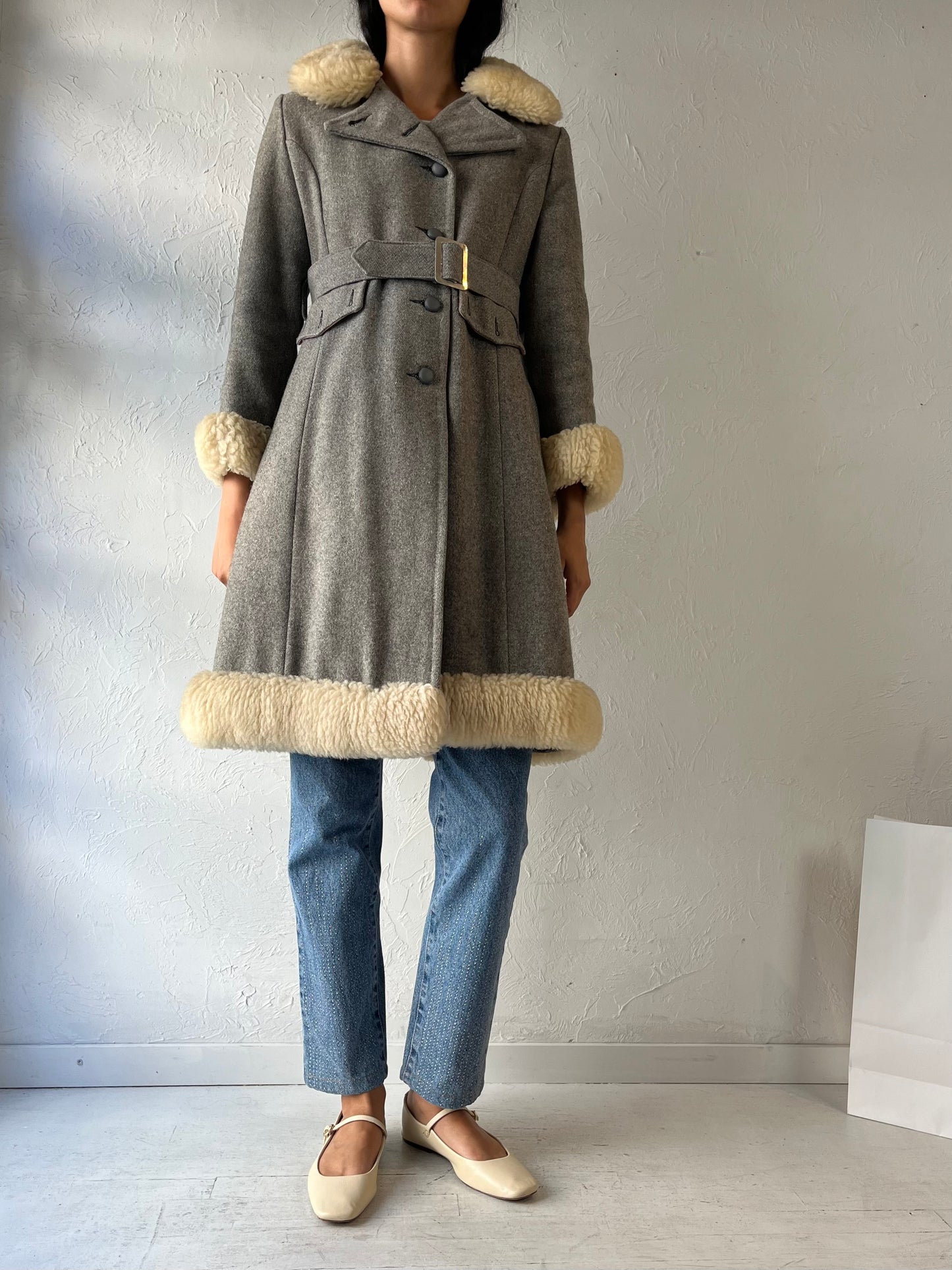 70s Gray Knit Winter Coat / Small