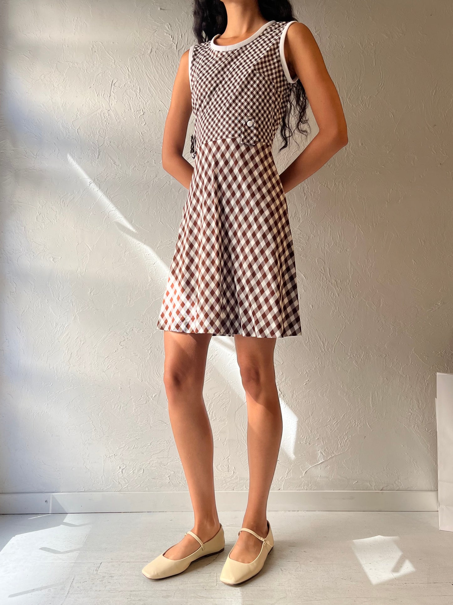 70s Brown Gingham Midi Dress / Union Made / Small