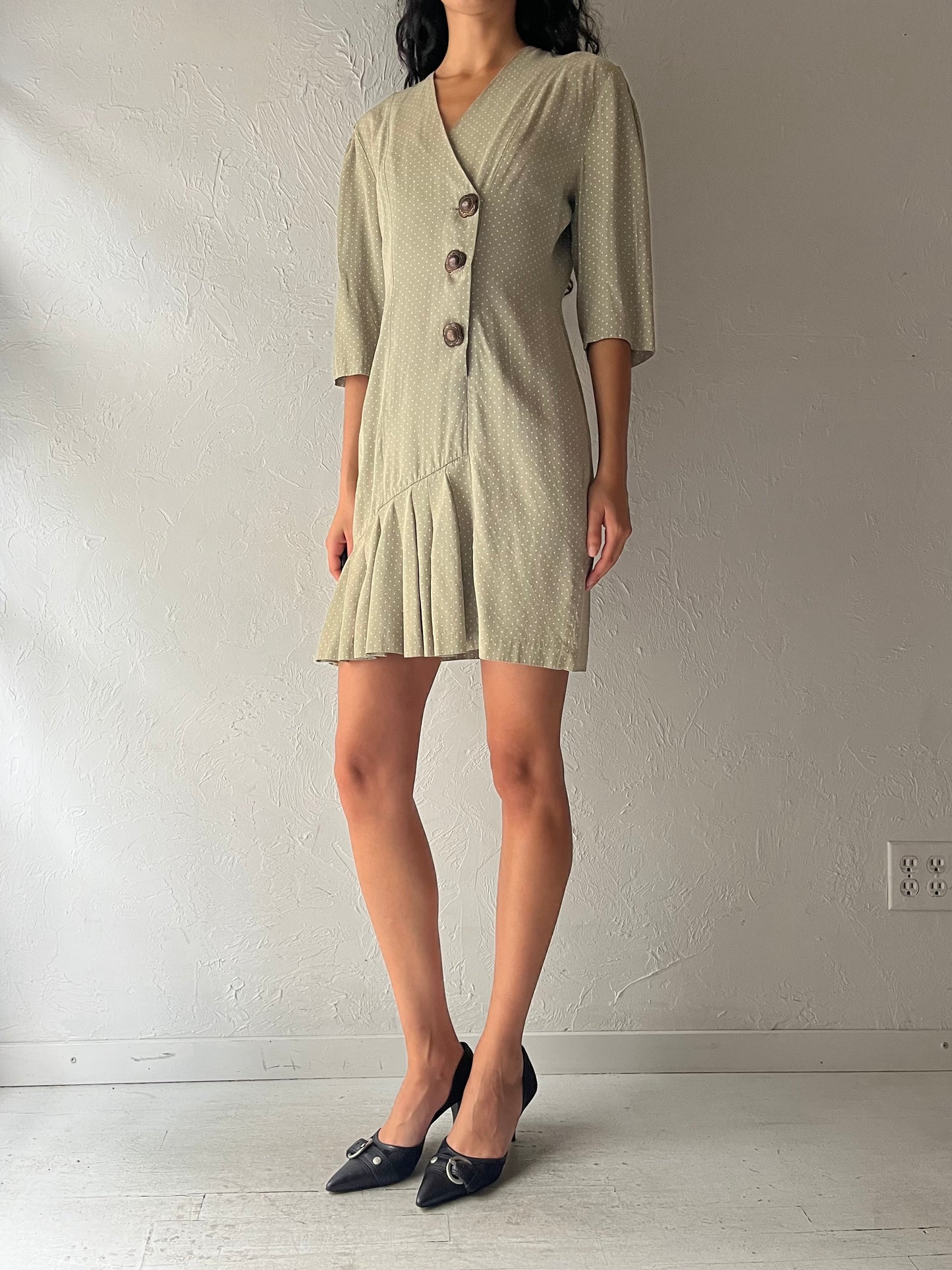 80s 'Positive Influence' Green Polka Dot Drop Waist Dress / Small