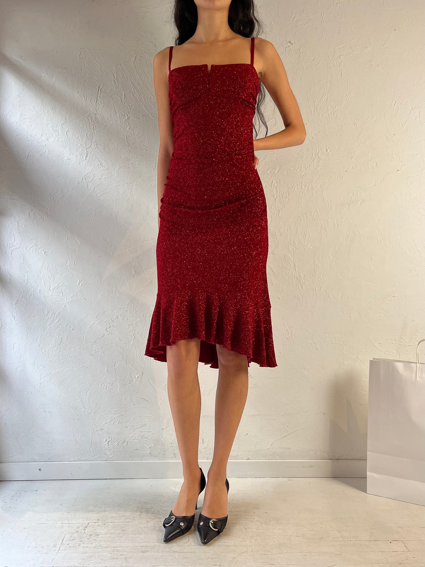 90s ‘Le Chateau’ Red Sparkly Evening Dress / Small - Medium