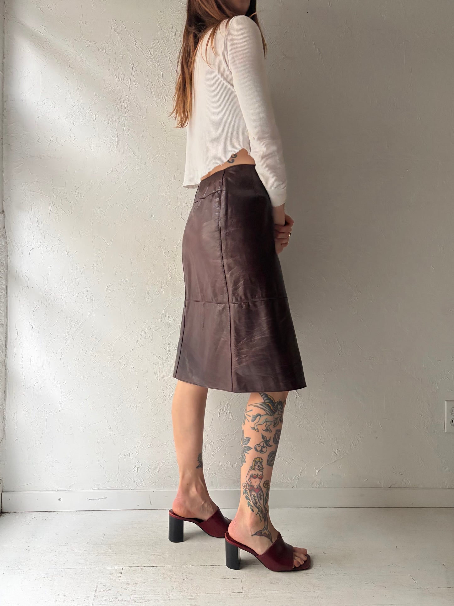 90s 'Anne Klein' Burgundy Leather High Waisted Midi Skirt / Small