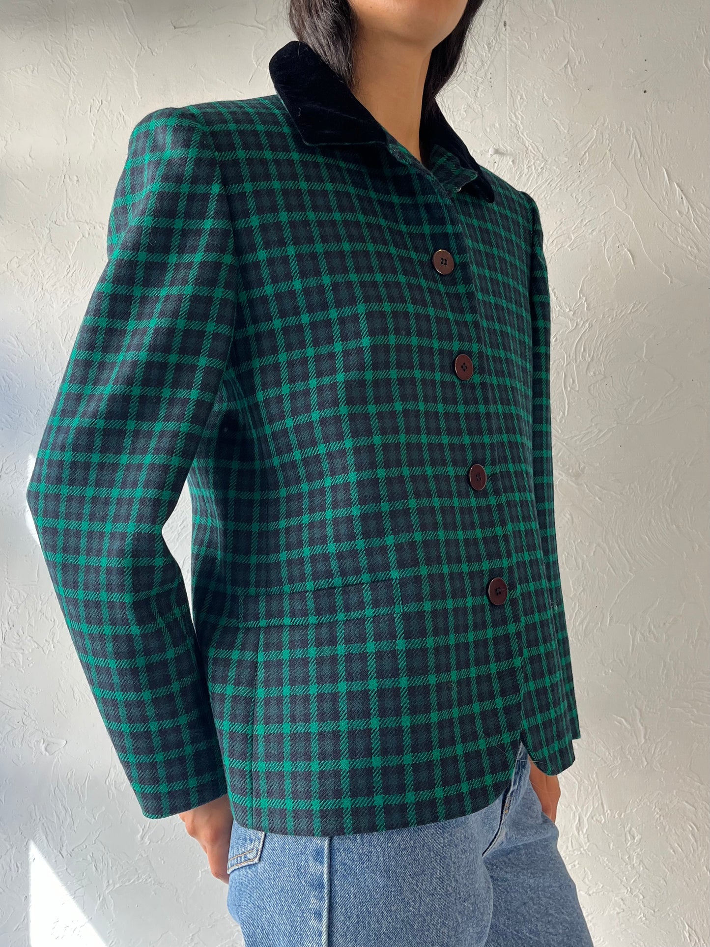 90s 'Jones New York' Green Wool Plaid Jacket / Large