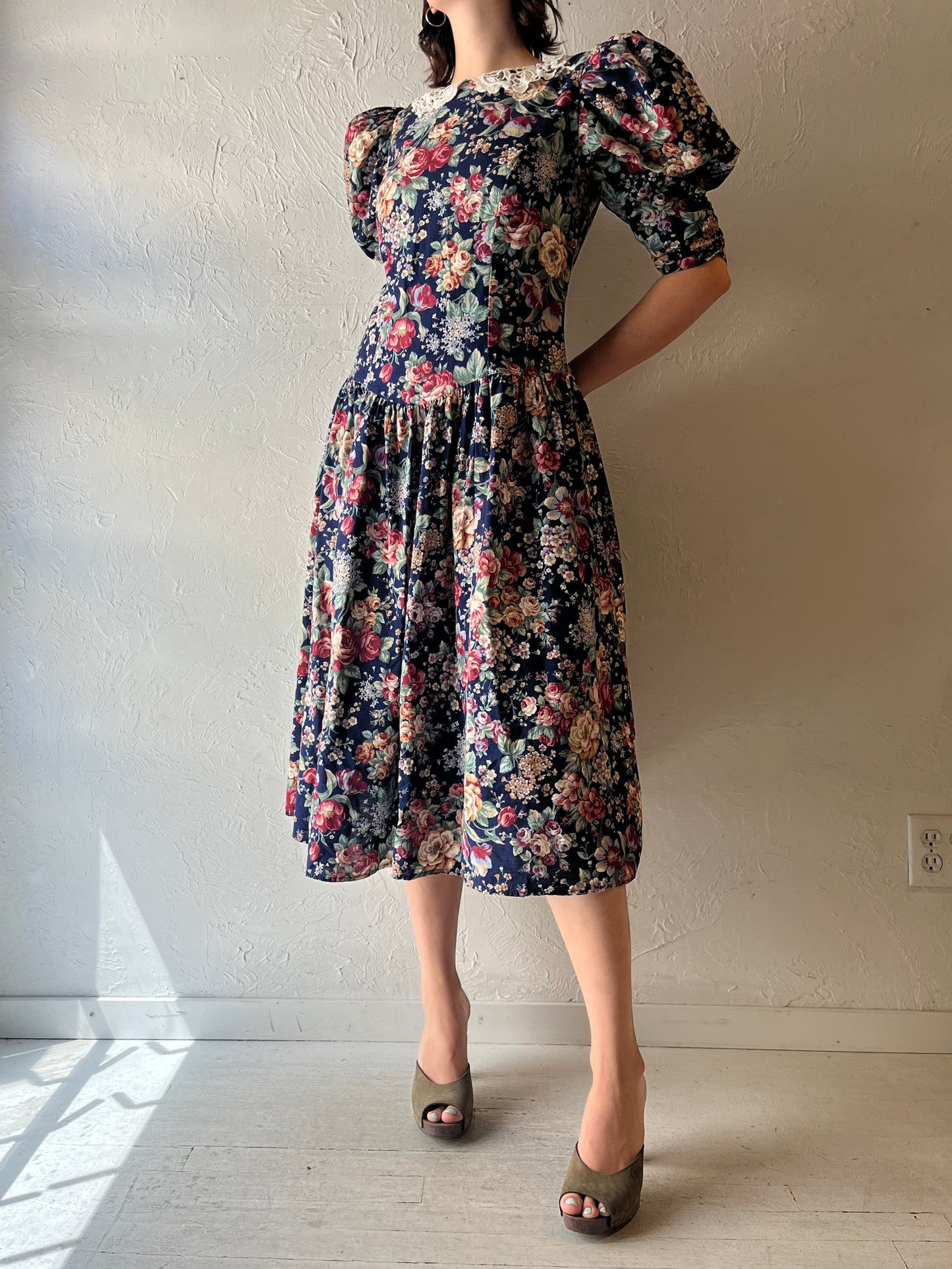 80s 'Carolina' Floral Print Puff Sleeve Dress / Medium