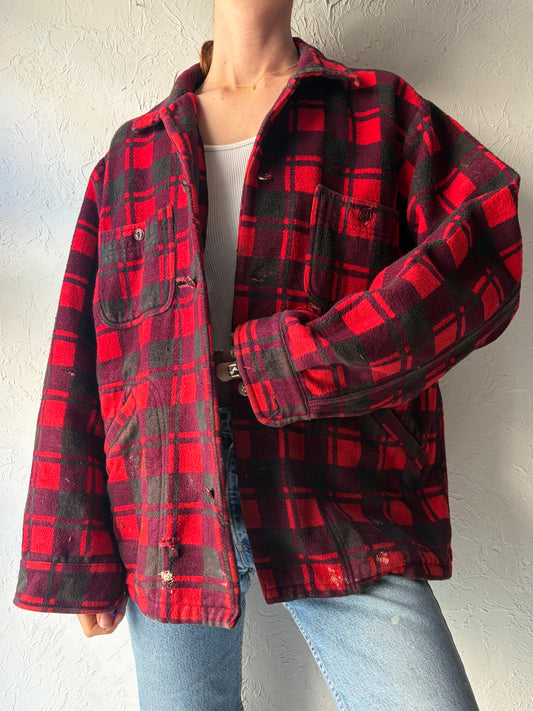 90s 'Champion' Red Trashed Cotton Plaid Oxford / 1990s Work Wear Button Up Shirt / Large