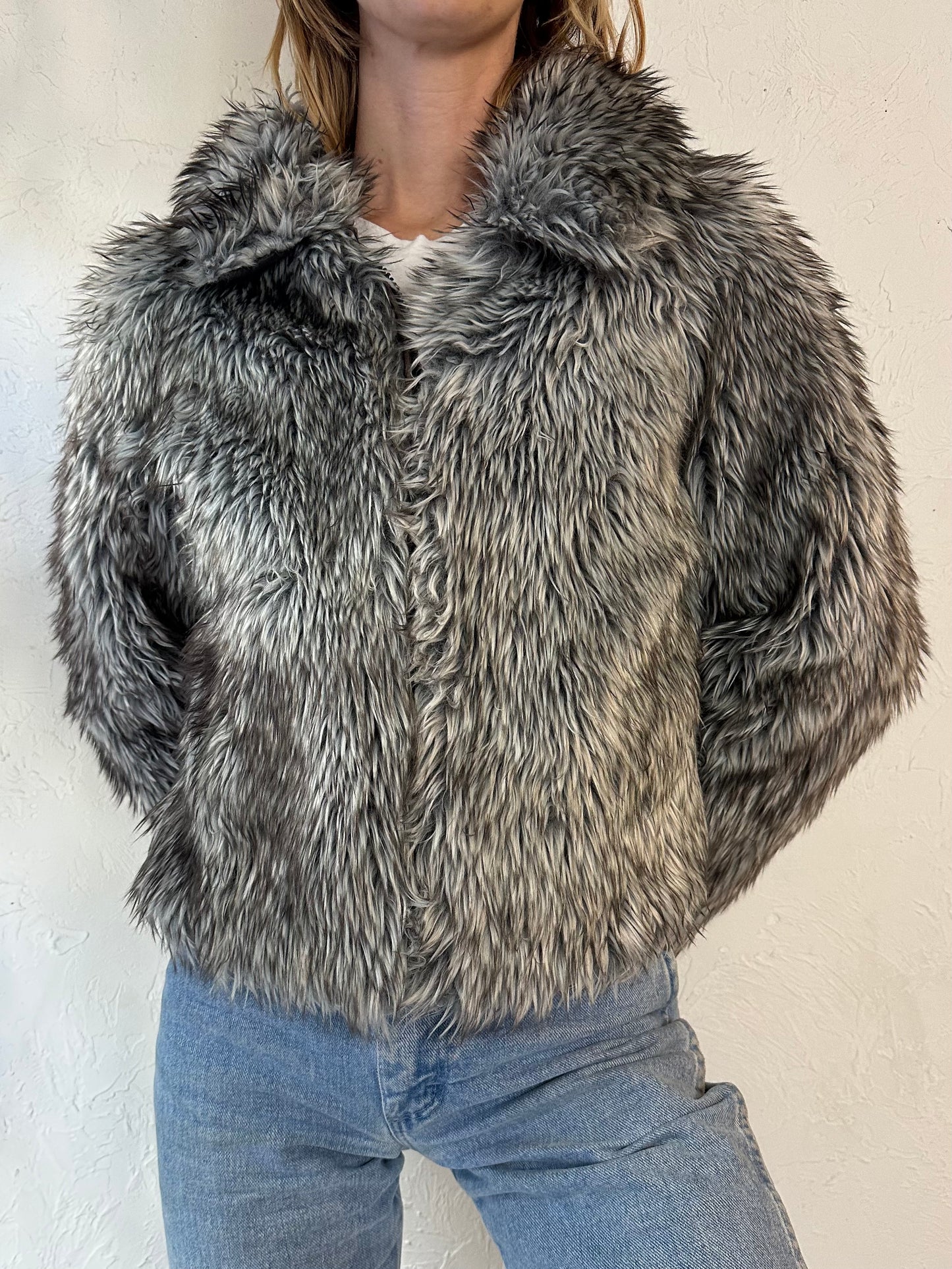 90s 'Le Chateau' Gray Faux Fur Jacket / Small