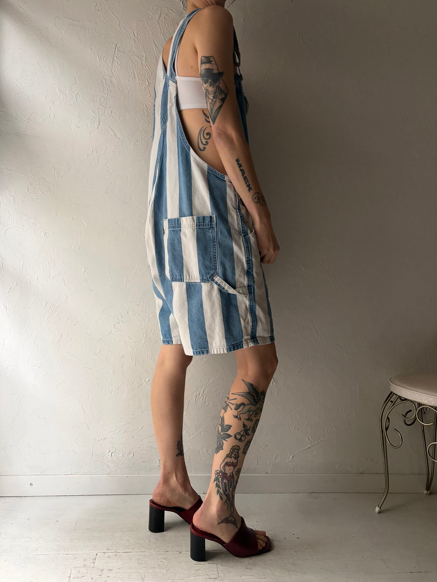 Y2k ‘Silver Tab’ Striped Denim Overall Shorts / Large