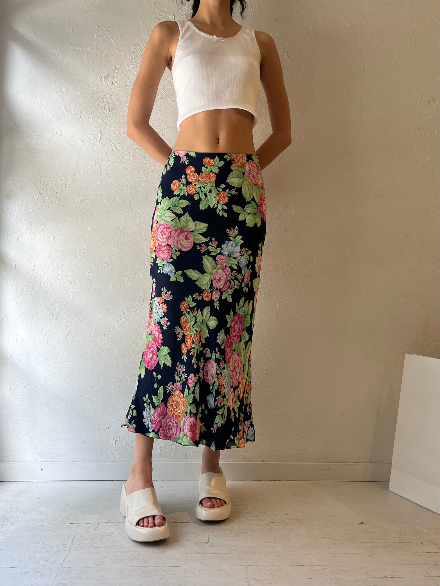 Y2K ‘Jones New York’ Navy Blue Floral Silk Maxi Skirt / Medium