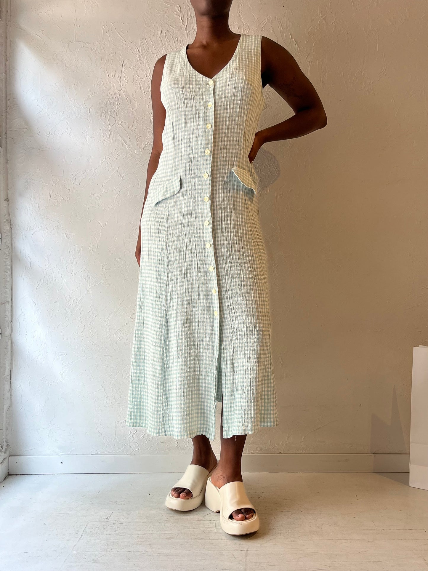 90s 'Clues' Sleeveless Gingham Dress / Medium