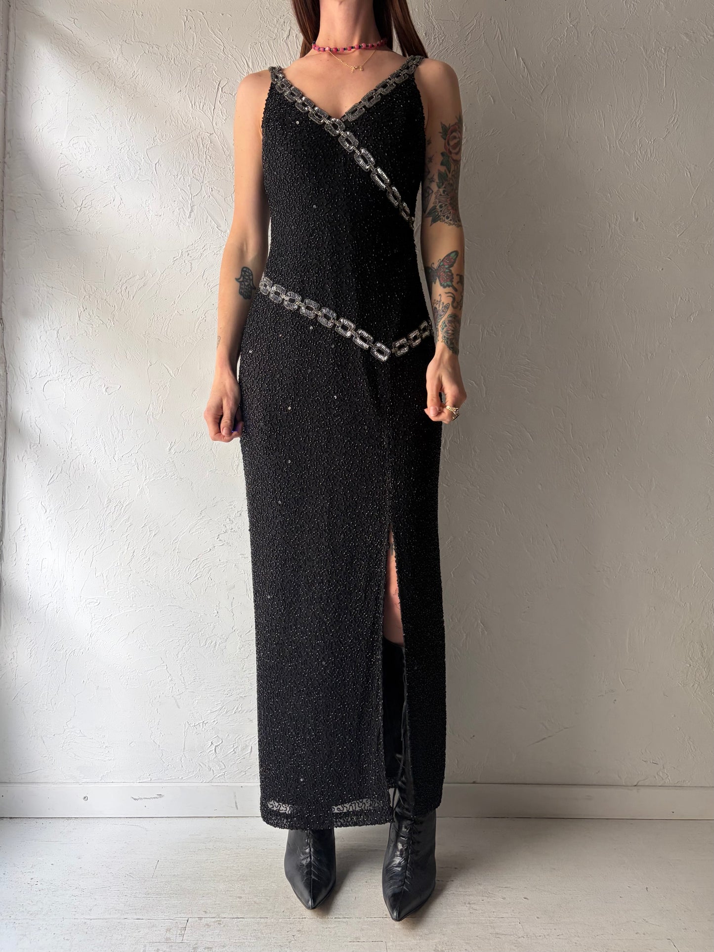 80s 'Scala' Black Beaded Retro Formal Party Maxi Dress / Medium