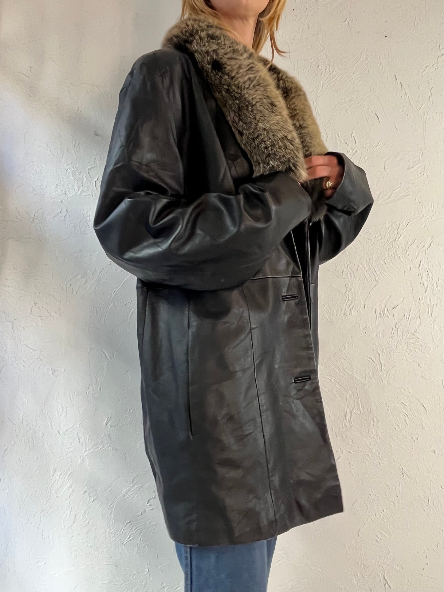 Y2k 'Chadwicks' Black Leather Jacket w/ Fur Collar / XL