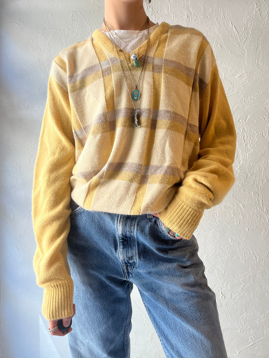 70s 'Mark Scot' Yellow Acrylic Knit V Neck Sweater / Union Made / Large