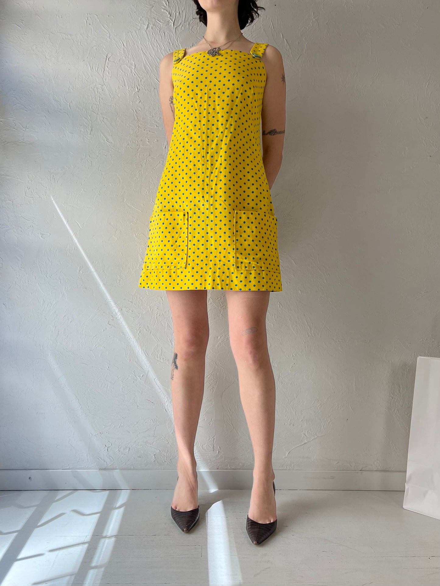Vintage Handmade Yellow Polka Dot Mini Dress / Small