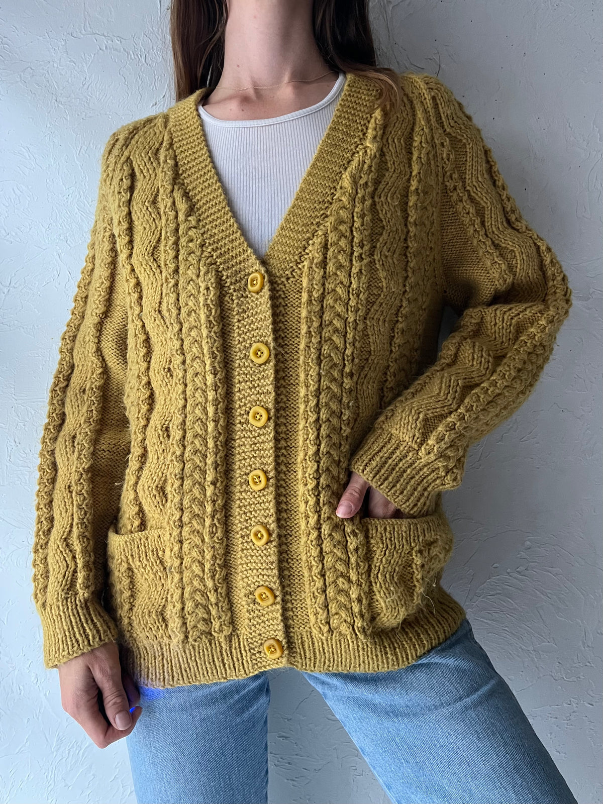 Vintage HandKnit Chartreuse Cable Knit Cardigan Sweater / Medium