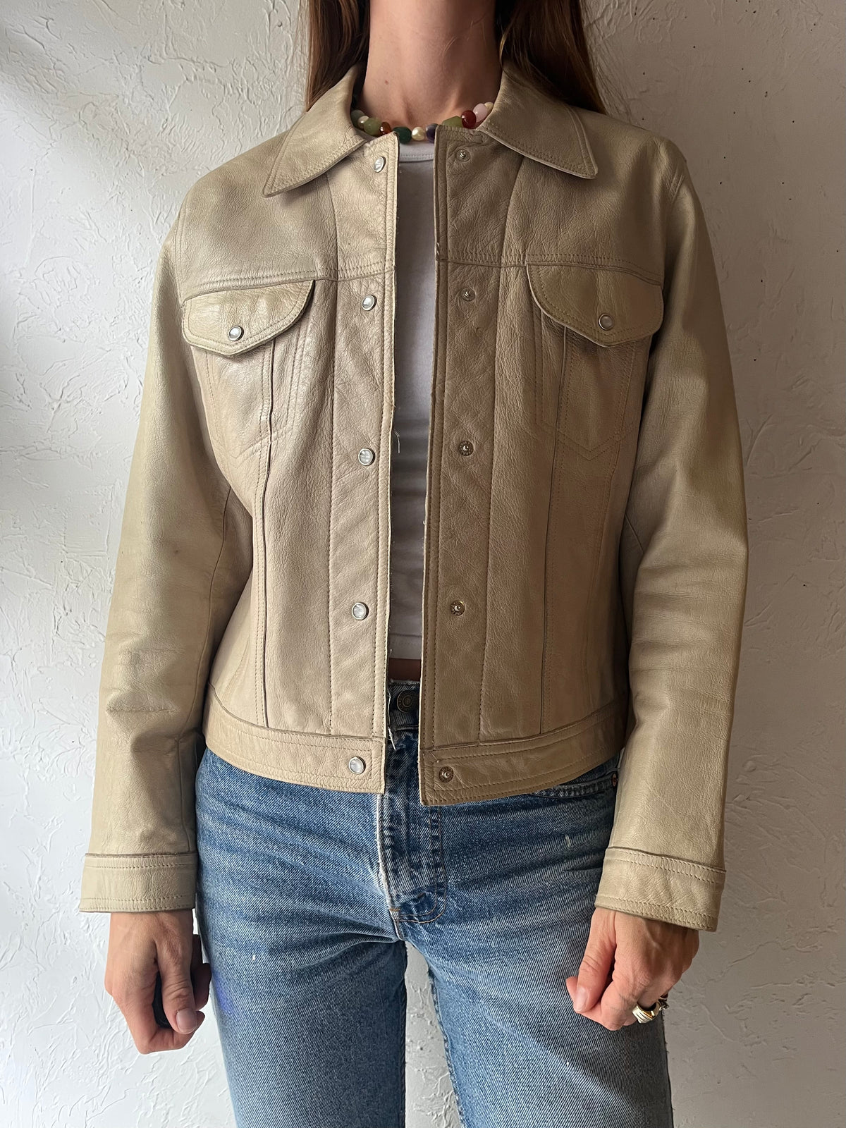 90s 'Wilsons Maxima' Cream Leather Jacket / Medium