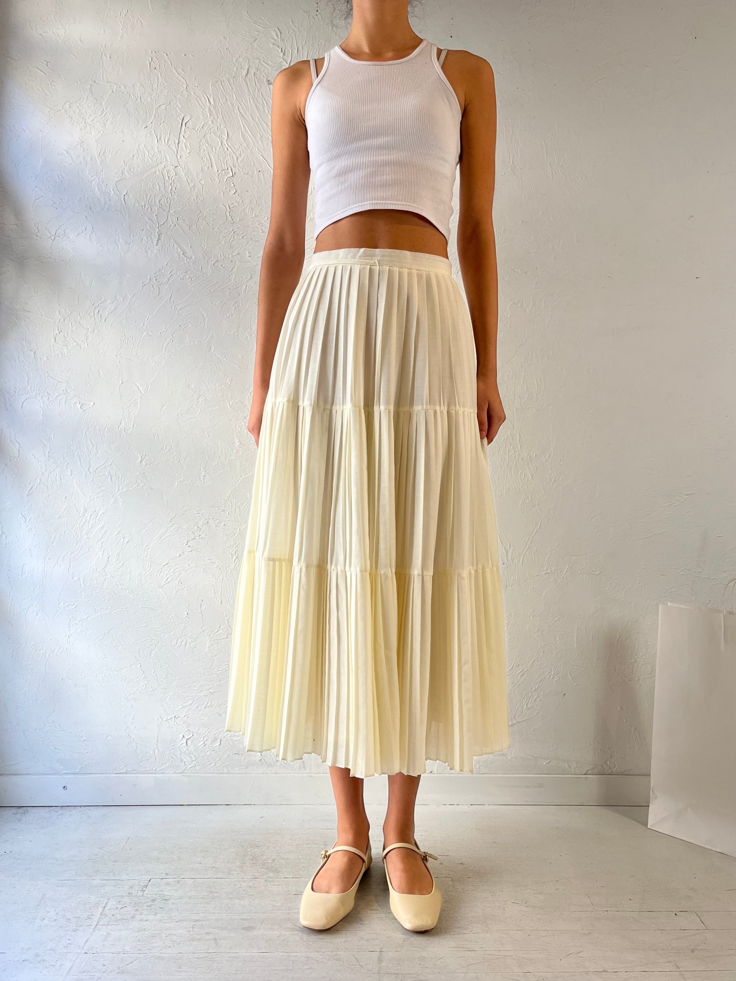 80s Cream Pleated Midi Skirt / Small