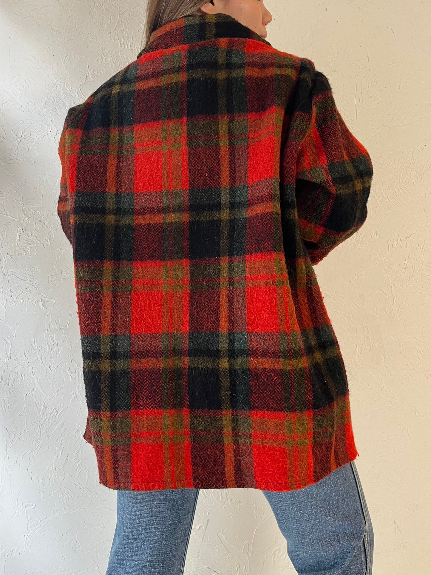 Vintage Red Plaid Knit Jacket / Medium