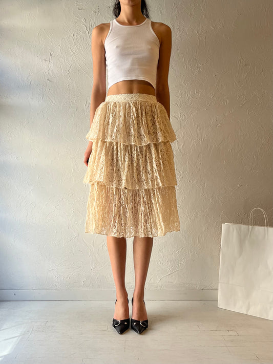 90s ‘Lucy & Phoebe’ Cream Tiered Lace Midi Skirt / Small