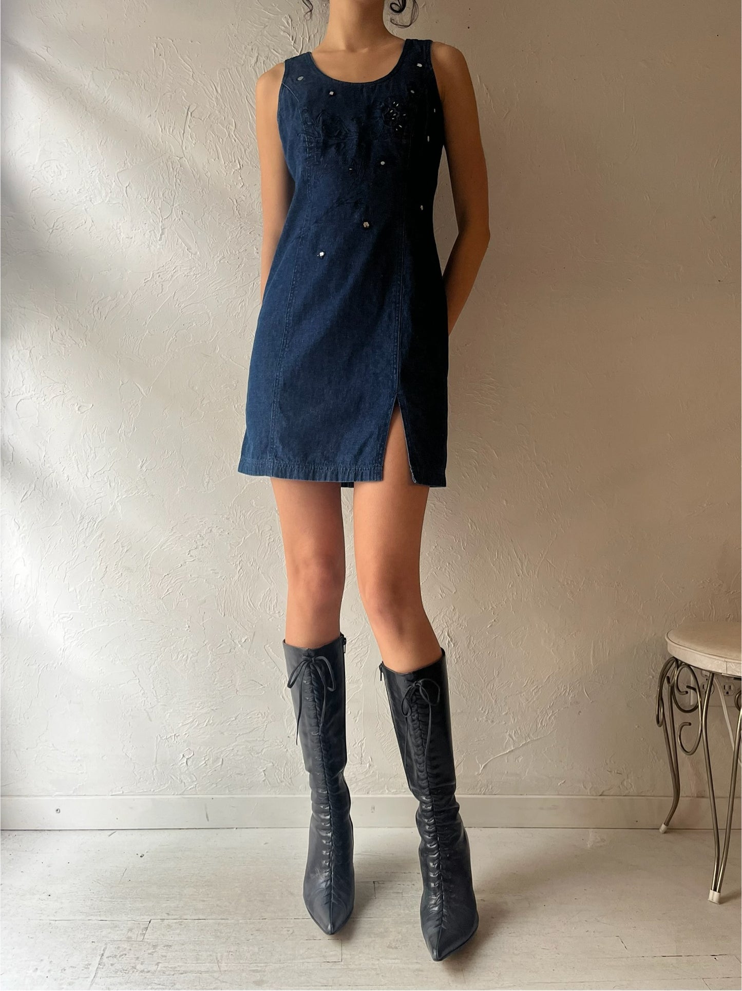90s 'Together' Denim Mini Dress / Small