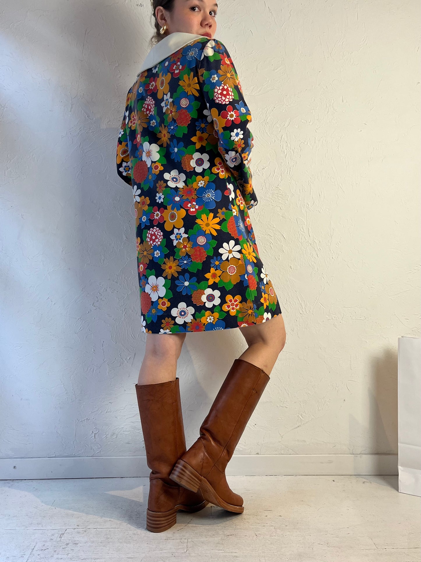 70s 'Sears' Floral Print Long Sleeve Mini Dress / Small