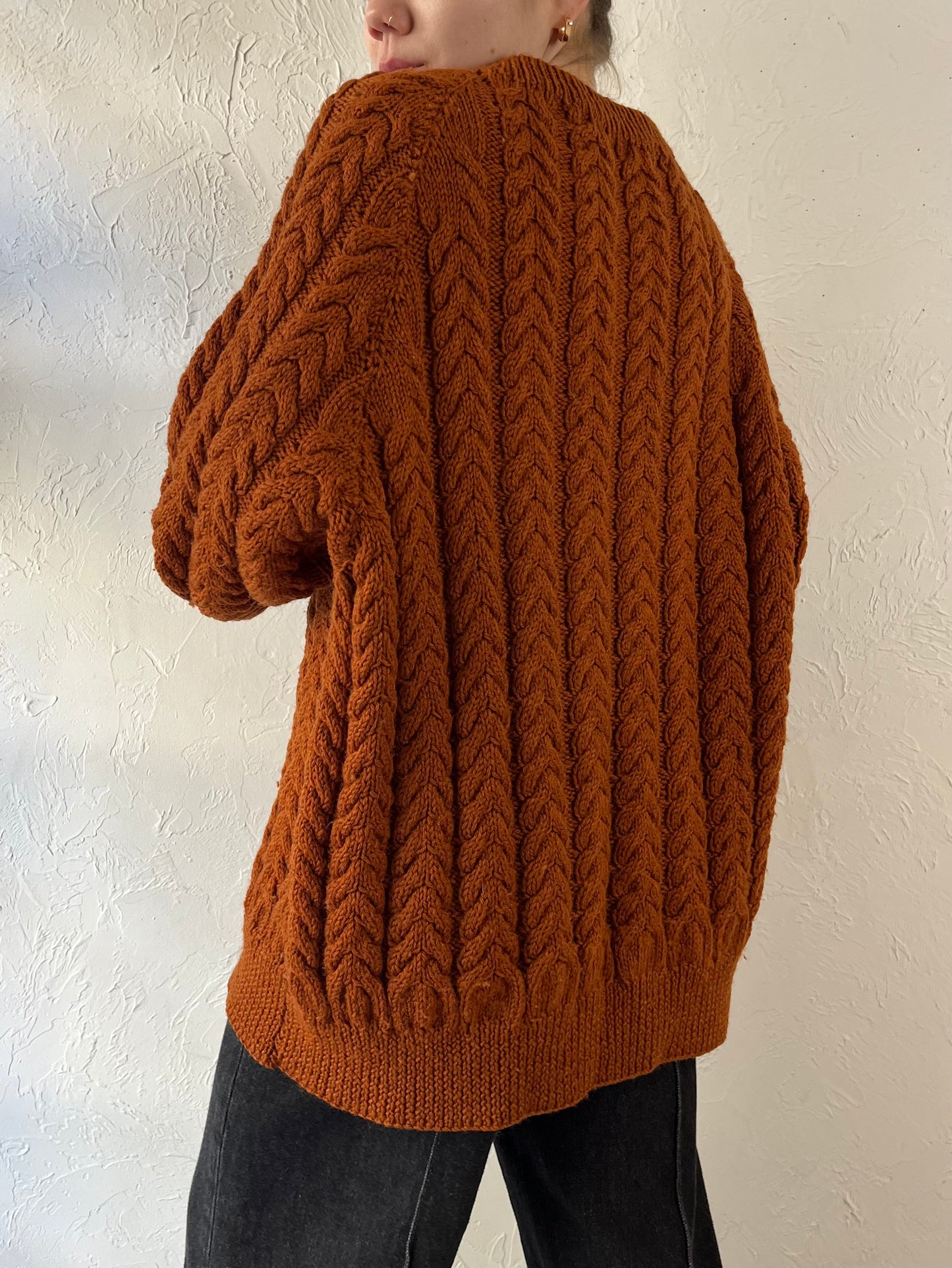 Vintage Hand Made Burnt Orange Cable Knit Sweater / Large