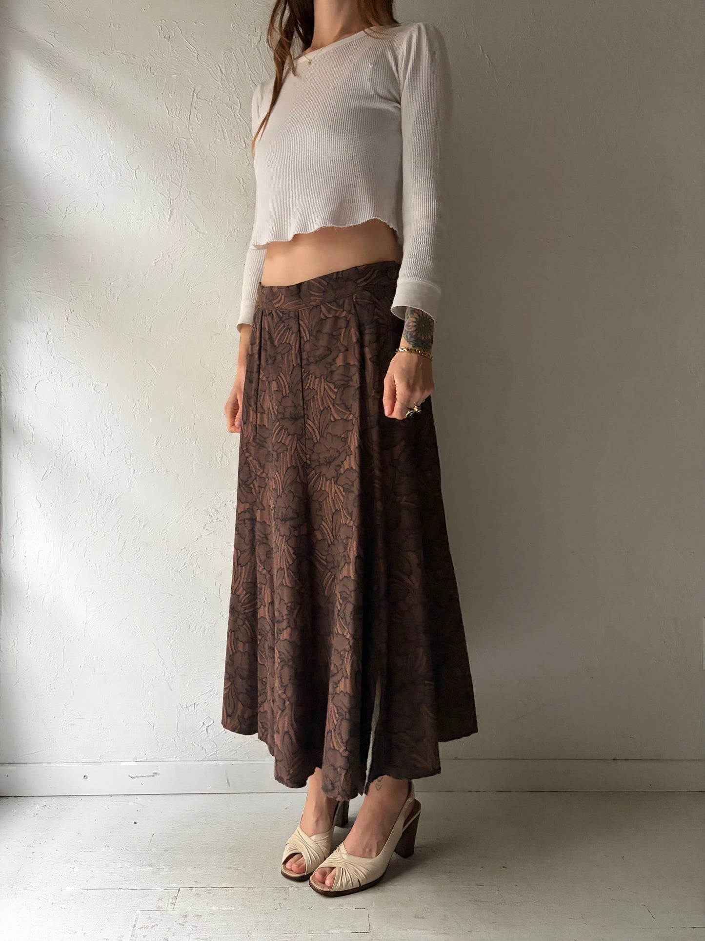 80s 'Magic Moments' Brown Floral Academia A-line Midi Spring Summer Skirt / Medium