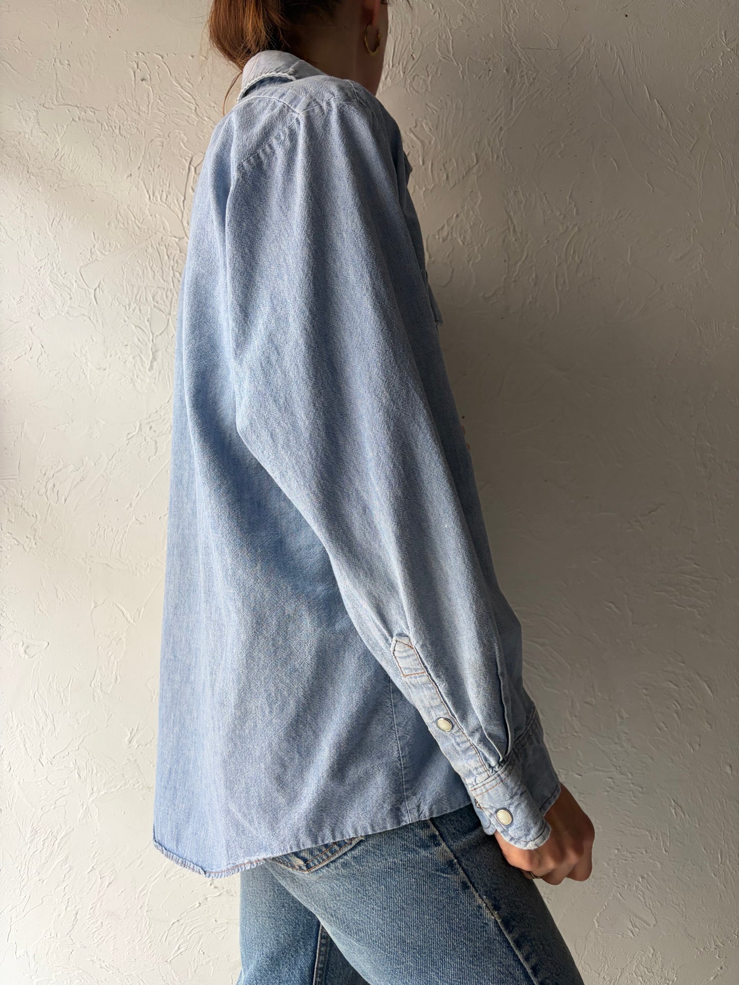 90s 'Big Ben' Denim Western Cowboy Workwear Pearl Snap Shirt / Large