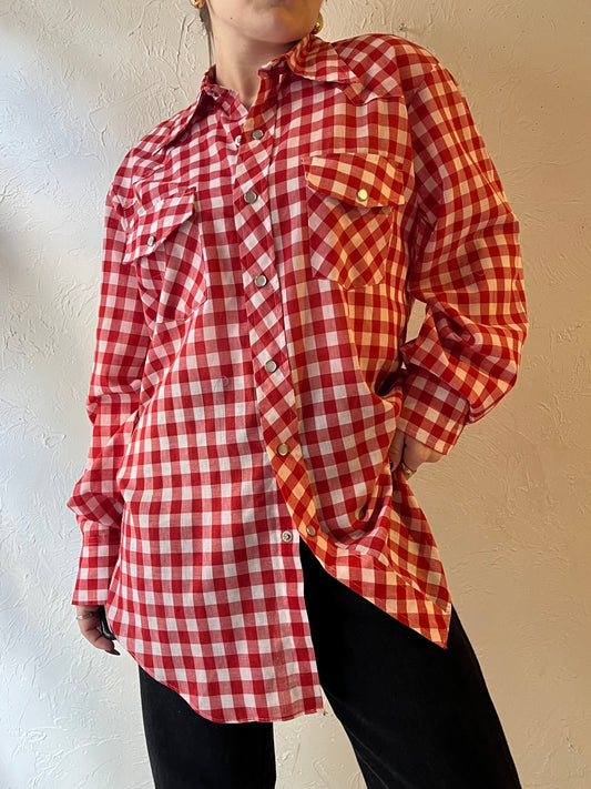 70s ‘Woodwards’ Red Gingham Pearl Snap Western Shirt / Medium