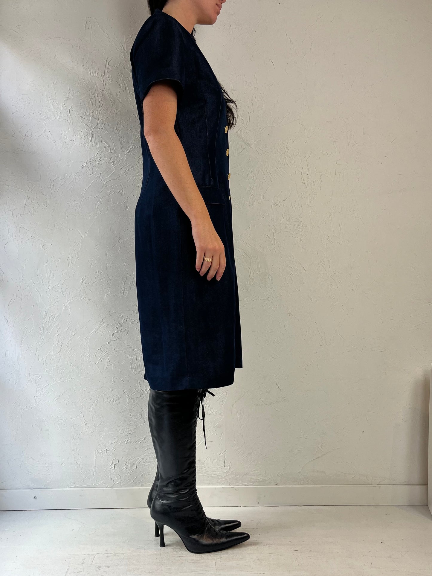 90s 'Saks Fifth Ave' Navy Blue Button Up Collared  Dress / Medium