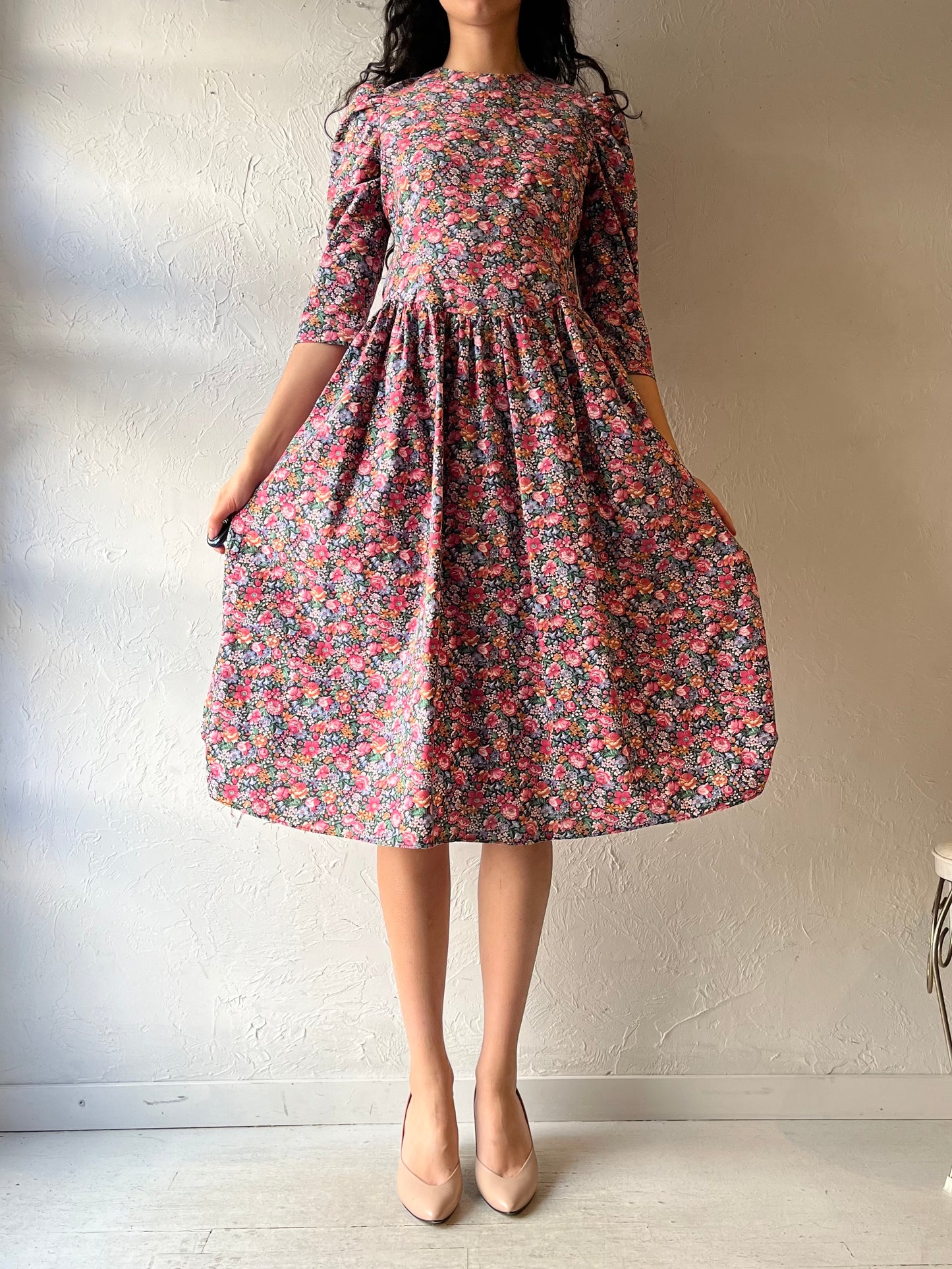Vintage Floral Handmade Cottagecore Prairie Garden Party Summer Midi Dress / Small