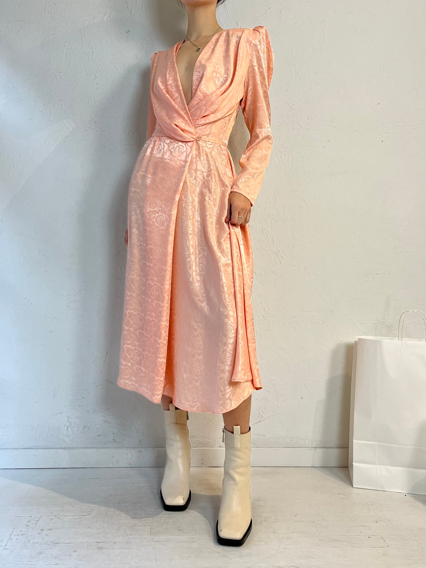 80s 'Roche De Paris' Pink Embossed Polyester Dress / Small