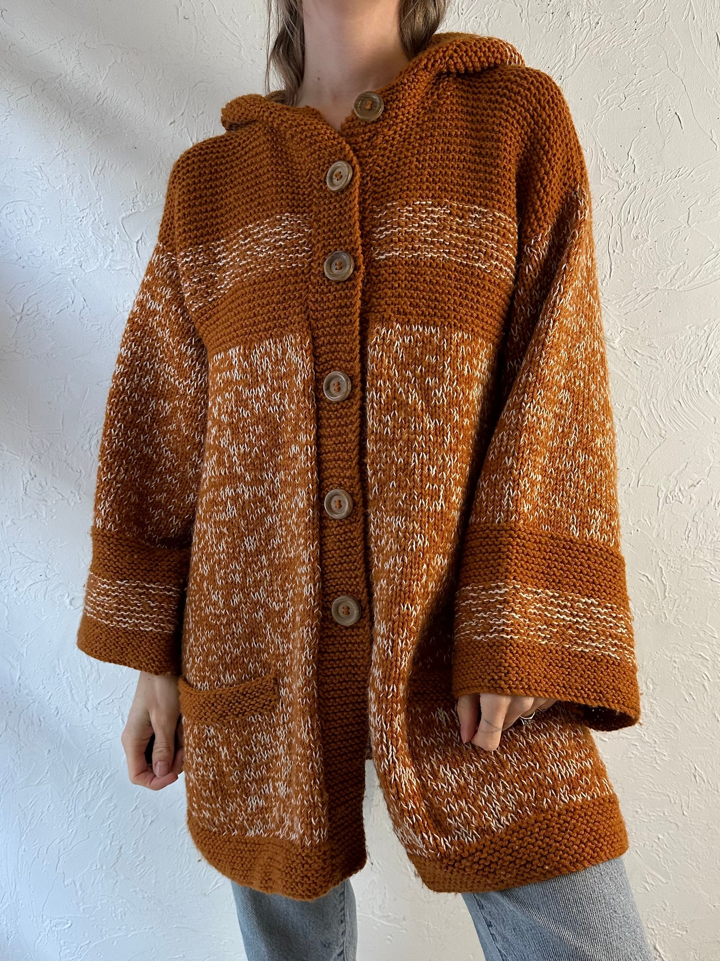 Vintage wool deep chocolate high quality color hand knitted cardigan sweater 80s