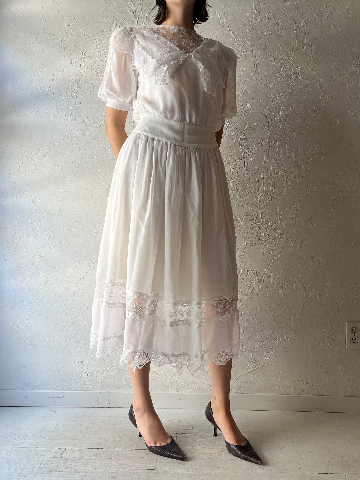 80s 'Jessica McClintock' White Romanic Prairie Cottage Core Summer Garden Party Dress / Small