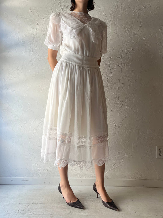 80s 'Jessica McClintock' White Romanic Prairie Cottage Core Summer Garden Party Dress / Small