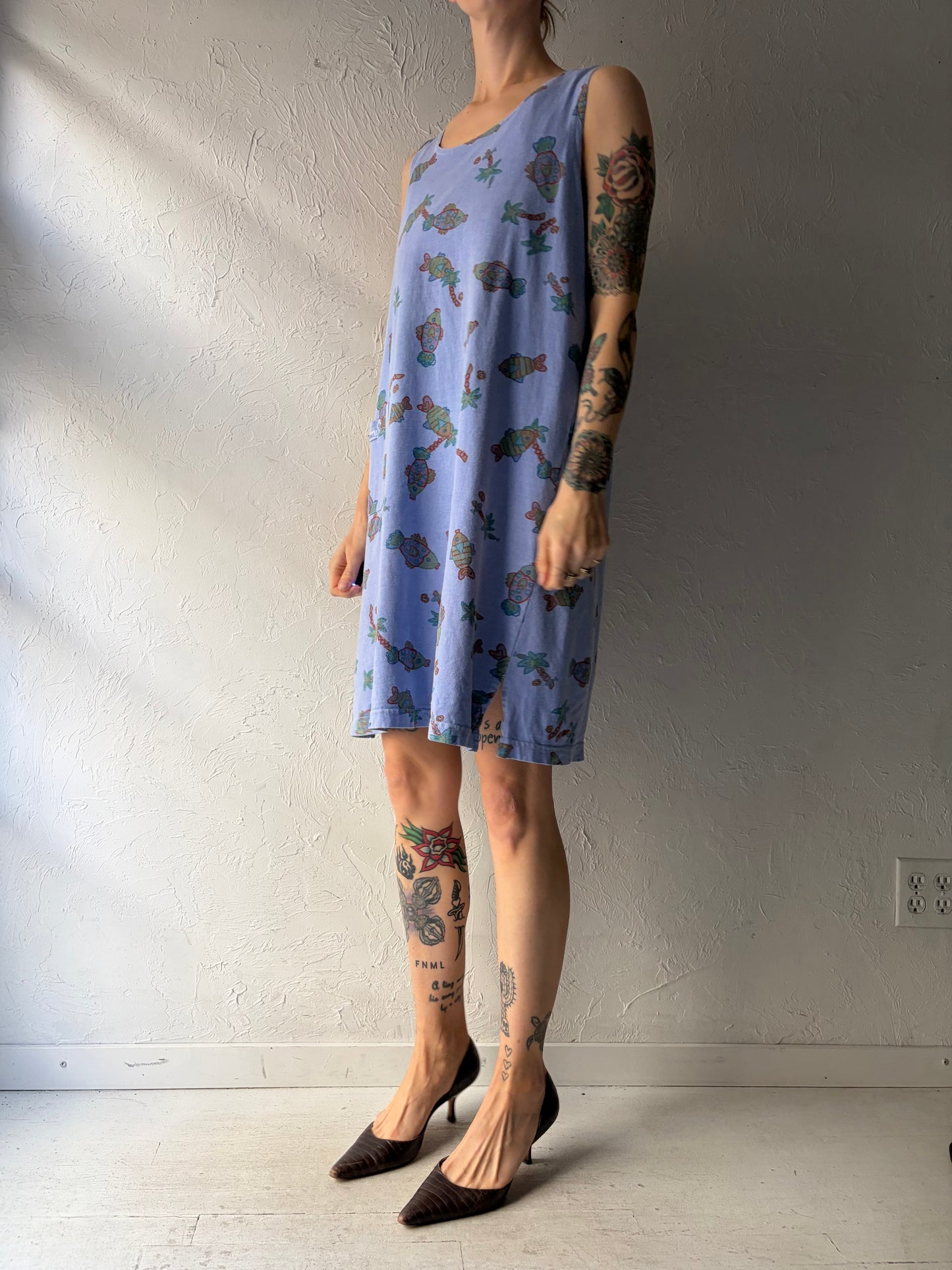 80s 'Fresh Produce' Purple Fish Print Summer Dress / Vintage 1980s Novelty Print Cotton Beach Dress / Medium