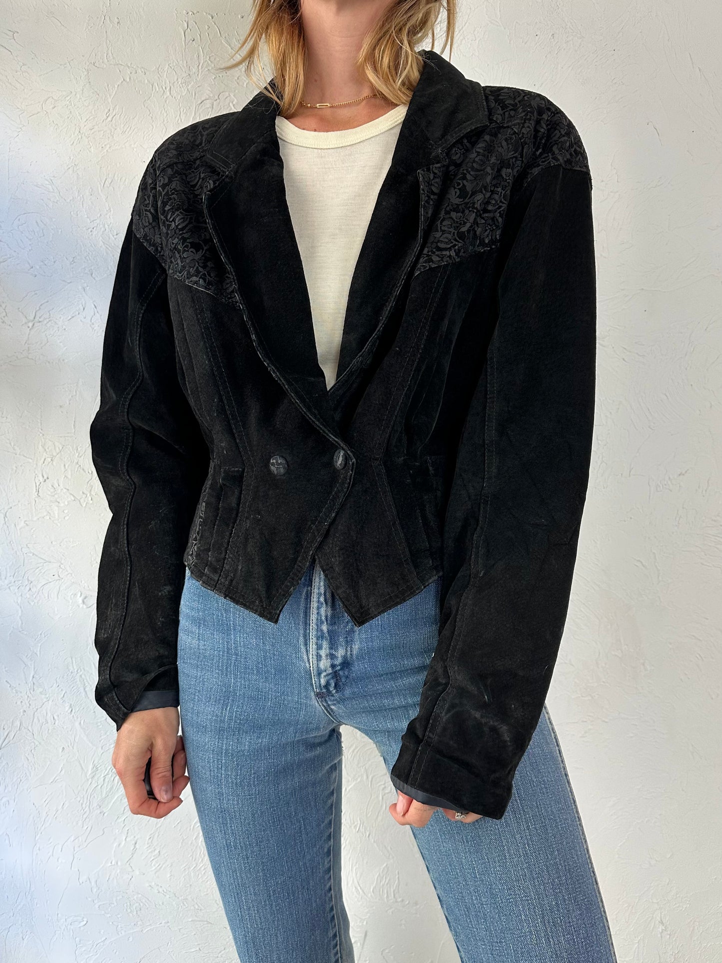 80s 'Chia' Black Embossed Suede Leather Jacket / Small - Medium